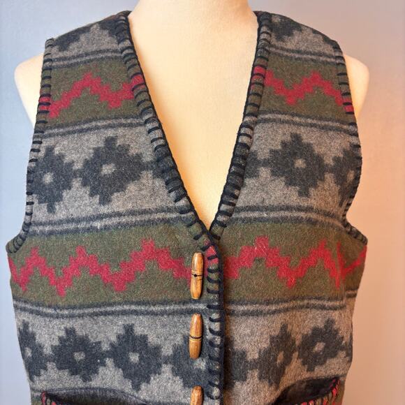 Vintage At Last & Co. Wool Vest Aztec Navajo Pattern Wood Toggle Buttons Large - Picture 3 of 7